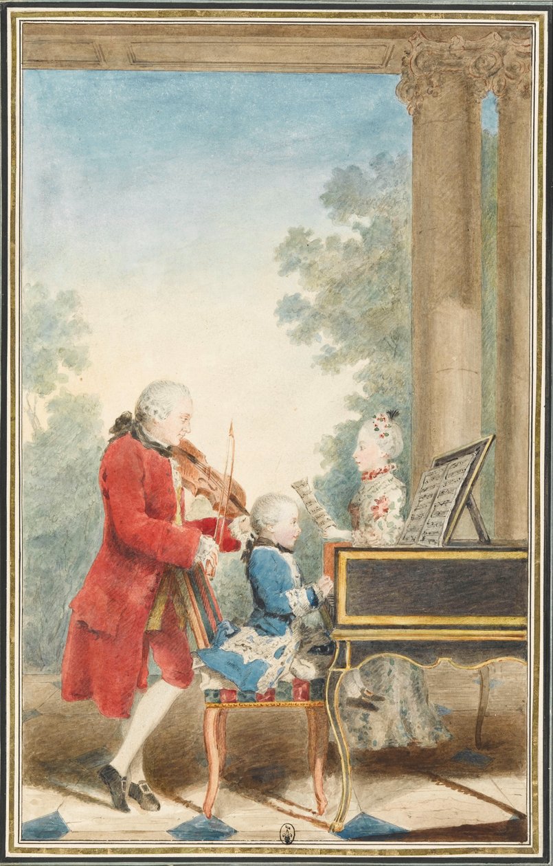 Wolfgang Amadeus Mozart (Salzburg, 1756-Bécs, 1791) portréja, amint apjával, Jean-Georg-Léopolddal és nővérével, Maria-Annával Párizsban játszik. alkotó: Louis Carrogis Carmontelle