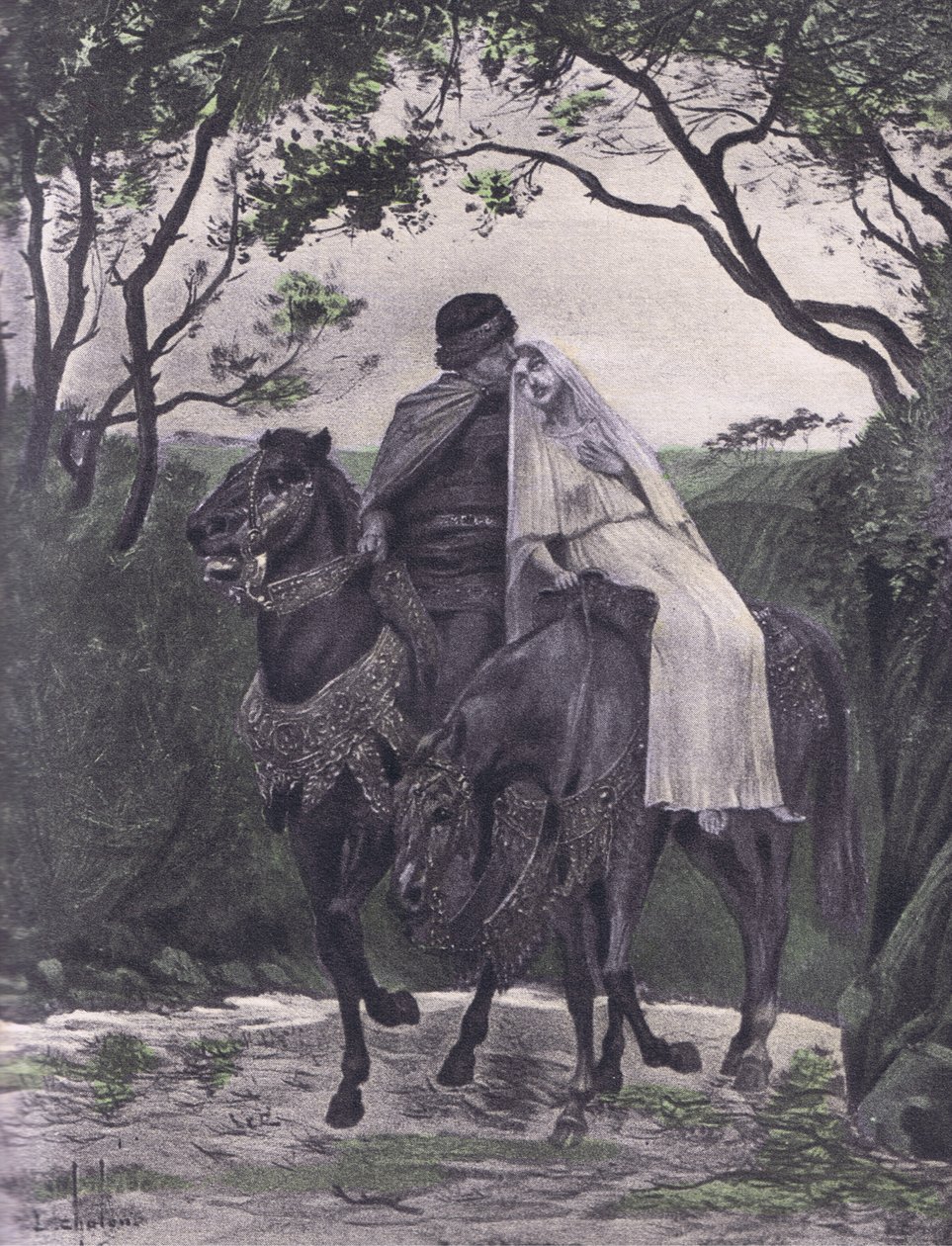 A szökevények, Boccaccio Dekameronjának illusztrációja, a Navarre Society kiadása, 1930-as évek (litho) alkotó: Louis Chalon