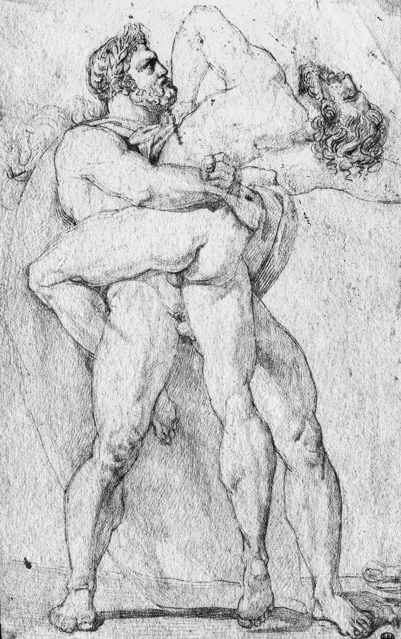 Herkules megfojtja Antaeust (grafitceruza papíron) alkotó: Louis Charles Auguste Couder