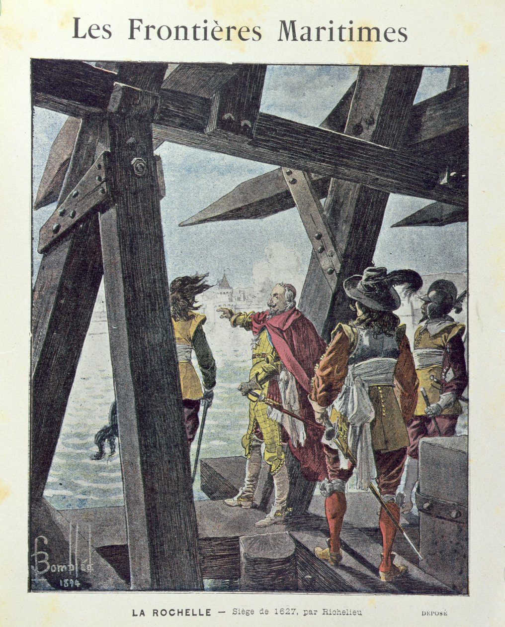 Armand-Jean du Plessis, de Richelieu bíboros (1585-1642) la Rochelle ostrománál 1627-ben, az iskolai gyakorlófüzet borítója c. 1894 alkotó: Louis Charles Bombled