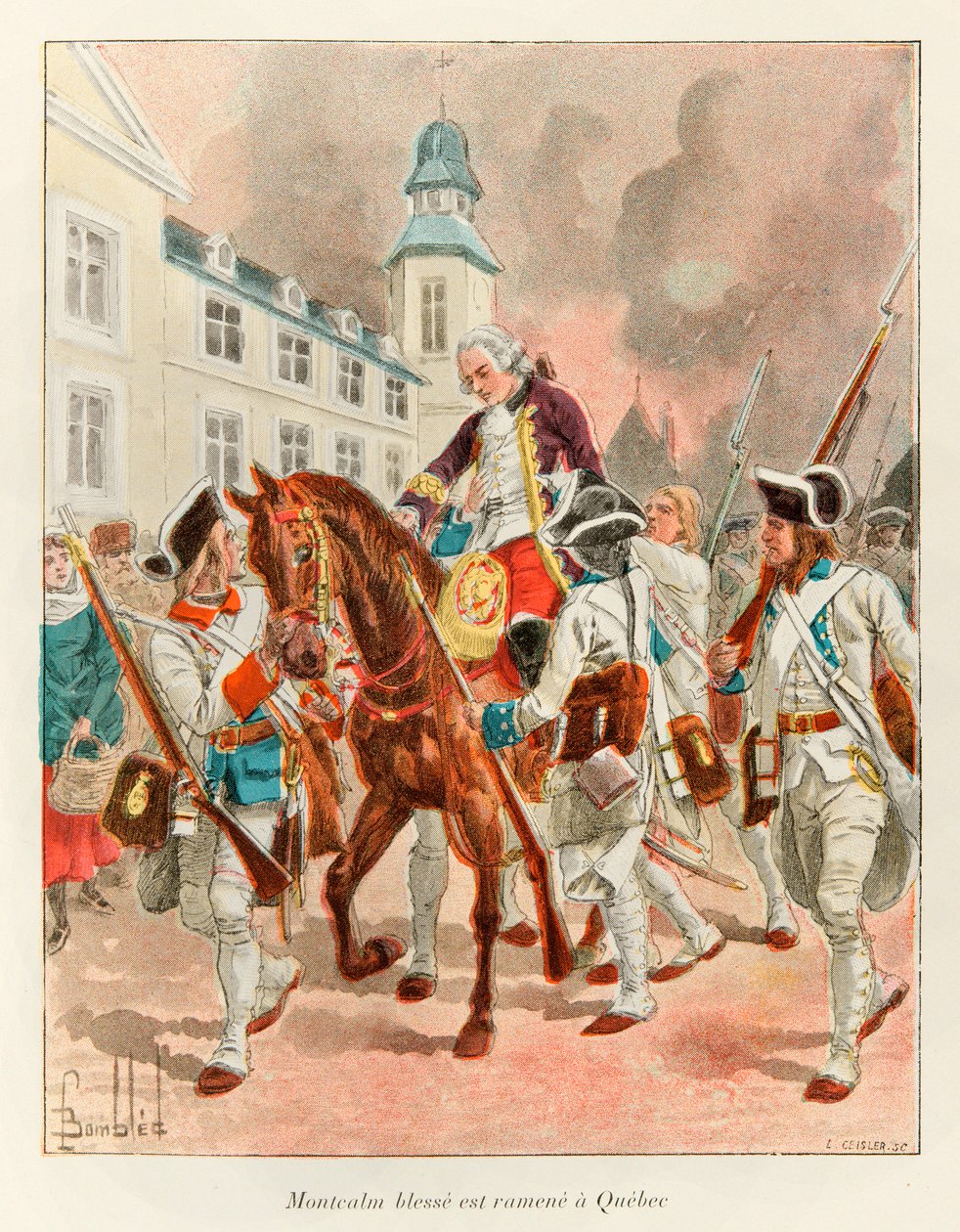 Bombázta Lajos (1862 - 1927); Louis Joseph (Louis-Joseph) Montcalm tábornok (1712-1759) a szeptember 13-i Ábrahám-síksági csata után visszakerült Quebecbe. alkotó: Louis Charles Bombled