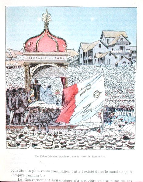 Fesztiváltalálkozó Tananarive-ban III. Ranavalona királynővel (1862-1917), a „La guerre a Madagascar” című filmből, 19. század vége (színes litó) alkotó: Louis Charles Bombled