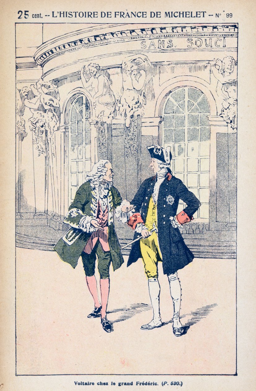 Francois Voltaire (1694-1778) II. Frigyes porosz királlyal (1712-86) a Potsdam melletti Sanssouciban, Jules Michelet (1798-1874) „Histoire de France” című művéből, 1900 körül alkotó: Louis Charles Bombled