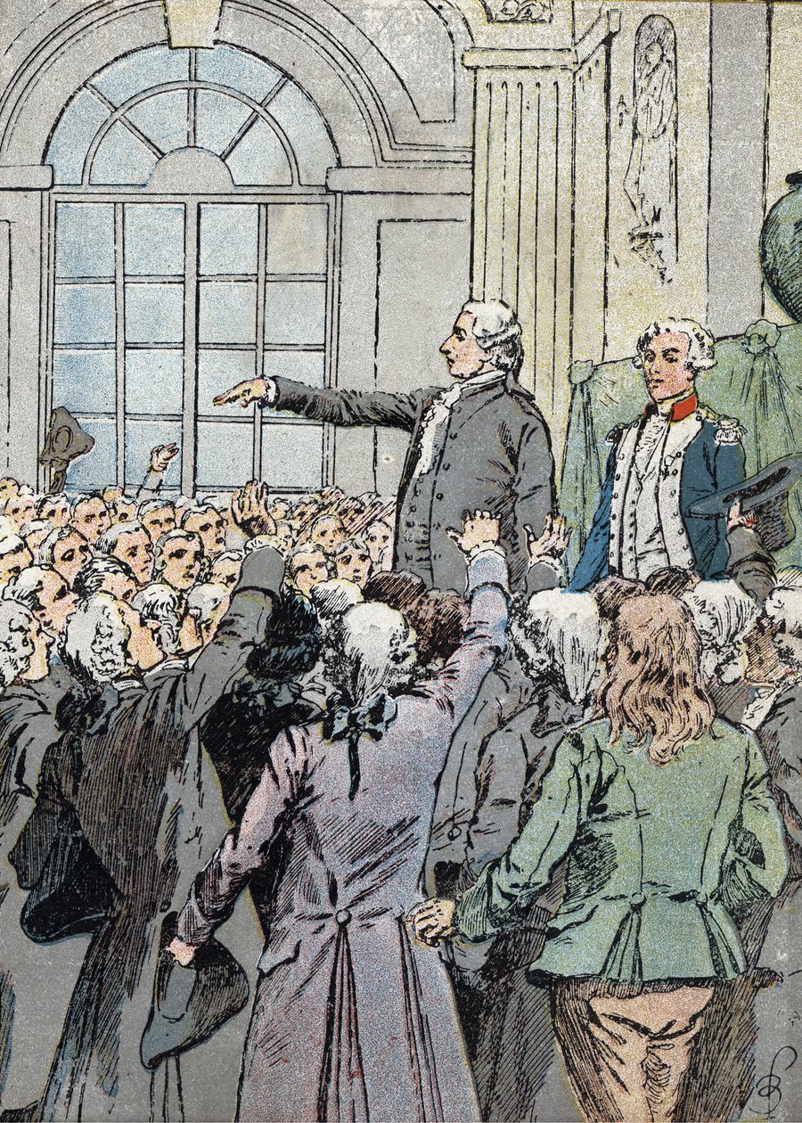 Francia forradalom: „” Jean Sylvain Bailly képviselőt (1736-1793) 1789. július 15-én La Fayette jelenlétében Párizs polgármesterévé választották” (Jean-Sylvain Bailly politikai vezetőt július 15-én választották meg Párizs polgármesterévé 1789) Illusztráció alkotó: Louis Charles Bombled