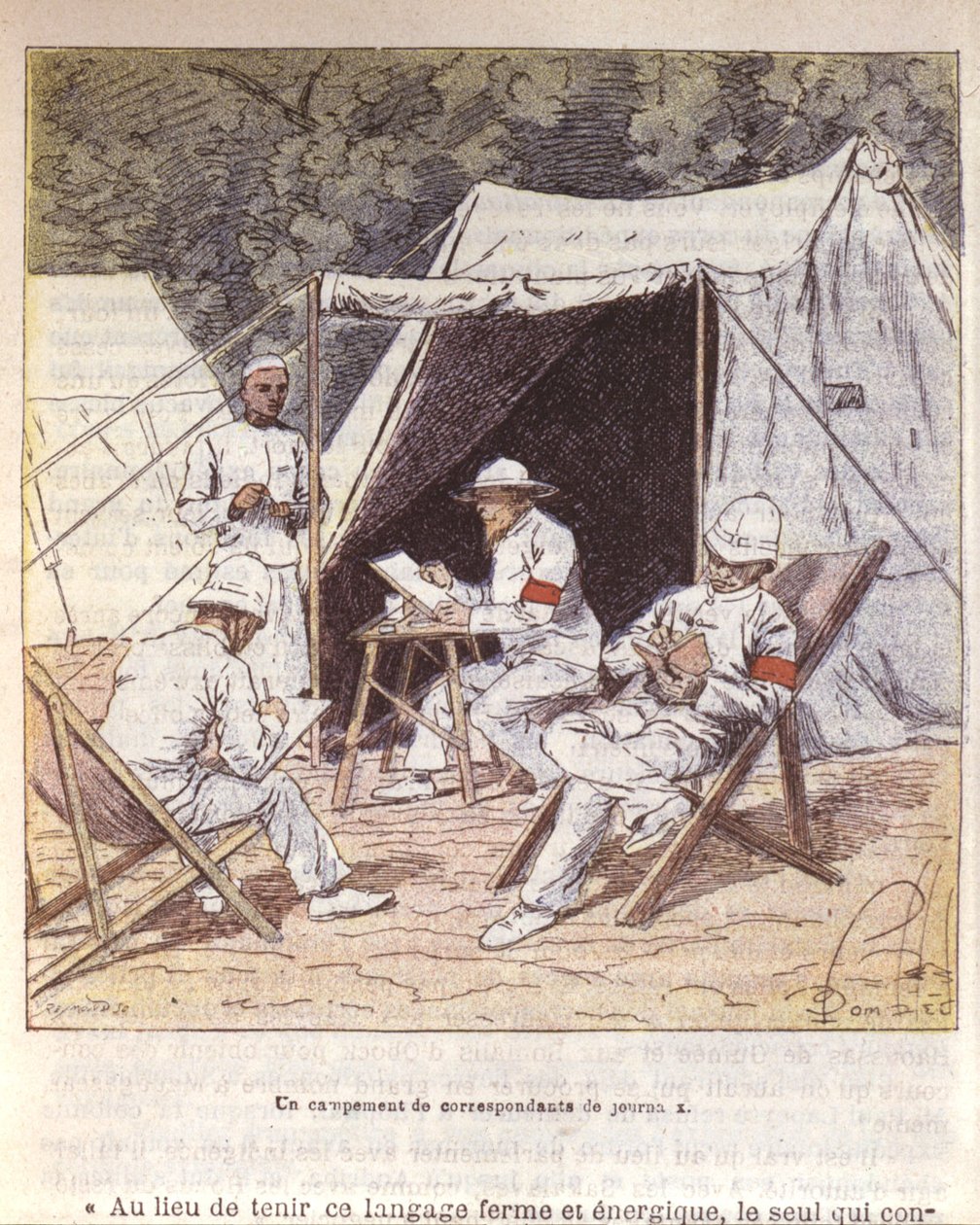 Francia haditudósítók Madagaszkáron a Franciaország általi annektálás idején 1895-96 (színes litó) alkotó: Louis Charles Bombled