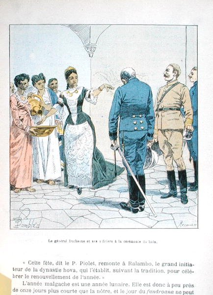Duchesne tábornok és tisztjei a III. Ranavalona királynő fürdőjének ünnepségén (1862-1917), H. Galli „La Guerre a Madagascar” című művéből, 19. század vége (színes litó) alkotó: Louis Charles Bombled