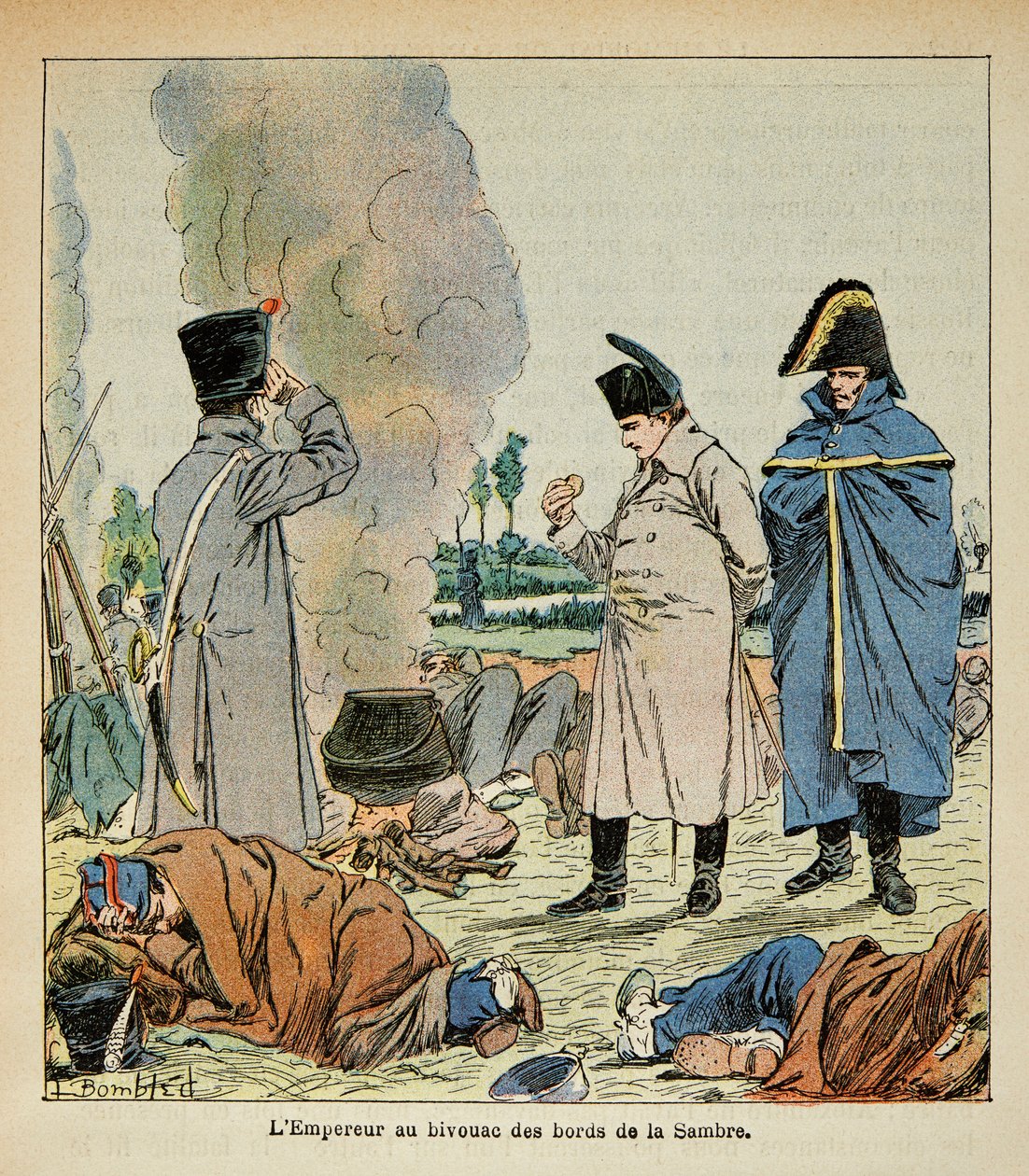 Bombled Louis (1862-1927) illusztrációja Emmanuel de Las Cases (1766-1842) gróf „Szent Heléna emlékműve” című könyvéből: Napóleon egy bivak során katonák kenyerét eszi, Magángyűjtemény alkotó: Louis Charles Bombled