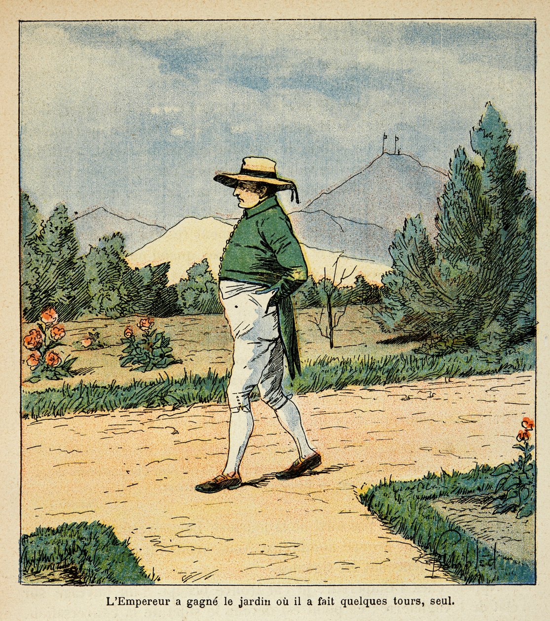 Bombled Louis (1862-1927) illusztrációja Emmanuel de Las Cases gróf (1766-1842) "Szent Heléna emlékezete" című könyvéből: Helene-i kertjében sétál 1816 szeptemberében, magángyűjtemény. alkotó: Louis Charles Bombled