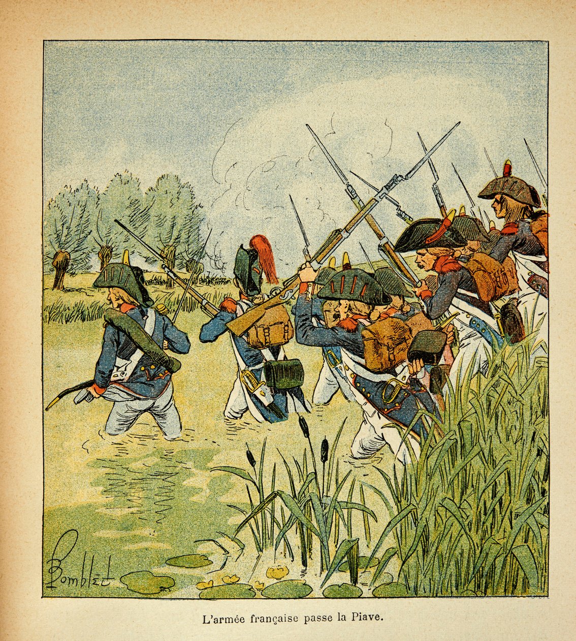Bombled Louis (1862-1927) illusztrációja Emmanuel de Las Cases (1766-1842) gróf „Szent Heléna emlékműve” című könyvéből: A francia Armee elhalad a Piave mellett az olasz hadjárat során, magángyűjtemény alkotó: Louis Charles Bombled
