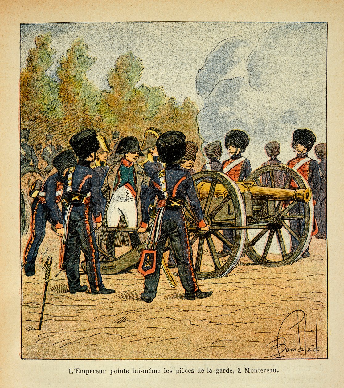 Bombled Louis (1862-1927) illusztrációja Emmanuel de Las Cases gróf (1766-1842) "Szent Heléna emlékezete" című könyvéből: Napóleon császár maga irányítja a gárda ágyúit a montereaui csatában, magángyűjtemény. alkotó: Louis Charles Bombled