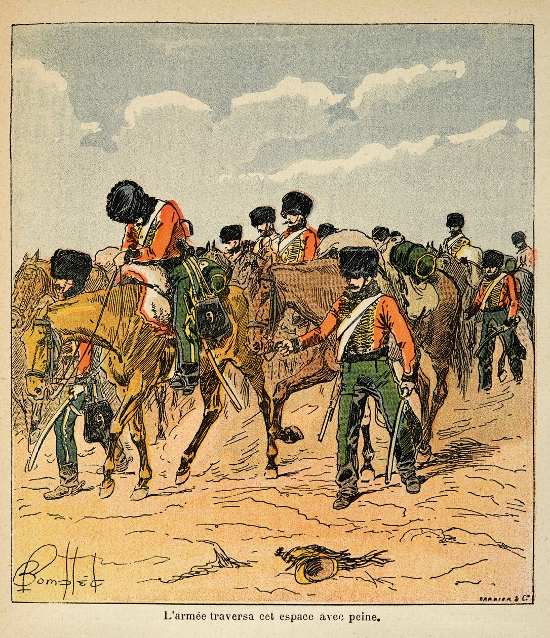 Bombled Louis (1862-1927) illusztrációja Emmanuel de Las Cases (1766-1842) gróf „Szent Heléna emlékműve” című könyvéből: A császári hadsereg nehezen kel át Moszkva előtti orosz síkságon, Magángyűjtemény alkotó: Louis Charles Bombled