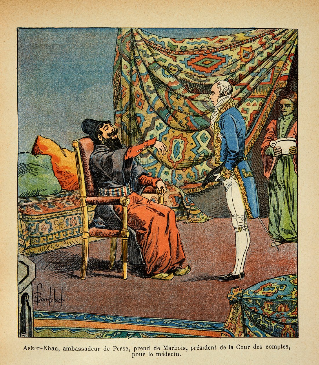 Francois Barbe-Marbois perzsa nagykövet, Asker - Khan bombázta Louis-t (1862-1927) párizsi látogatásán (Beard Marbois) (1745-1837), elnök alkotó: Louis Charles Bombled