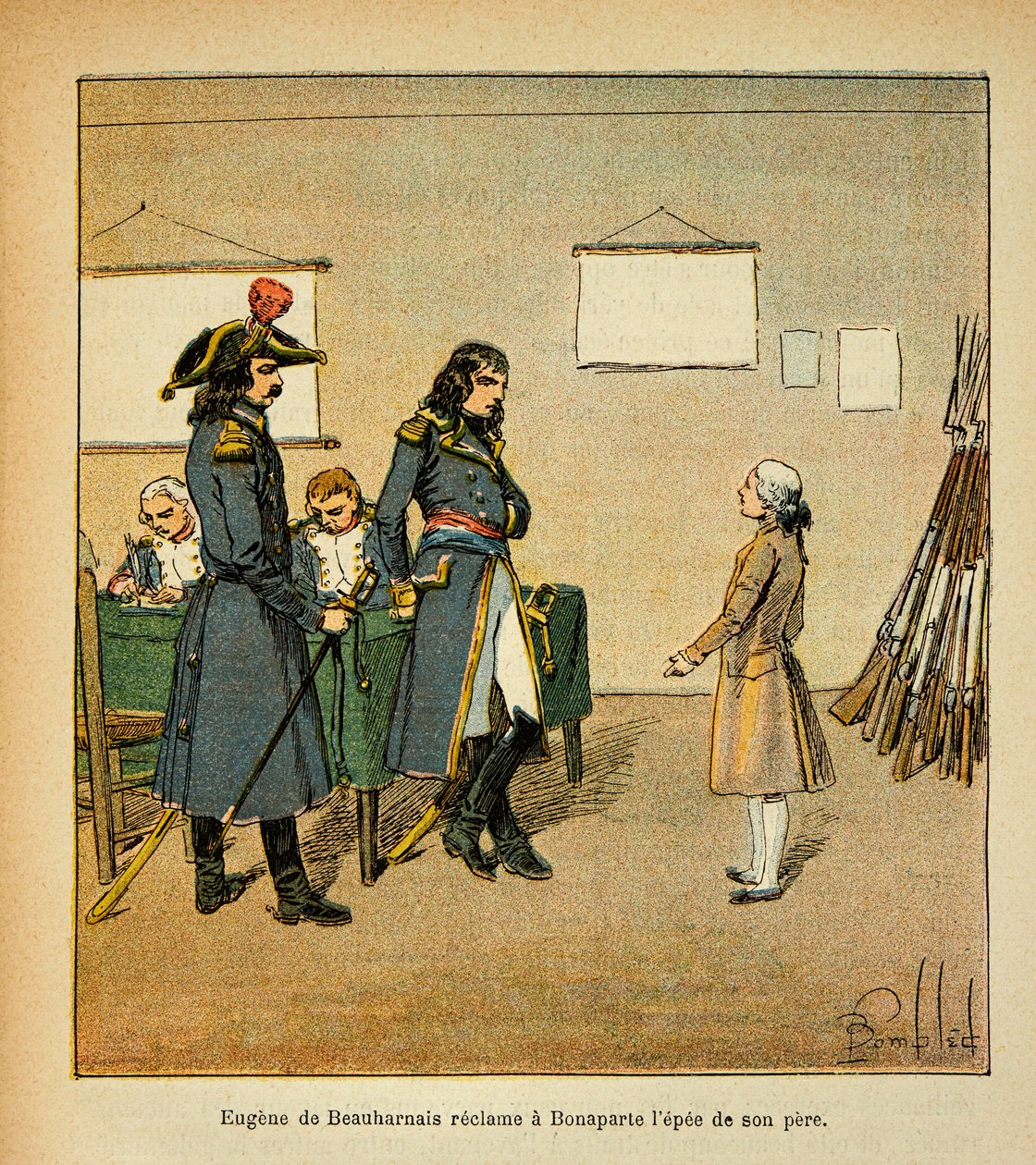 Bombázott Lajos (1862-1927) illusztrációja gróf Emmanuel de Las Cases (1766-1842) „Szent Heléna emlékműve” című könyvéből: Eugene de Beauharnais (1781-1824) apja kardját követeli Bonaparte magángyűjteményében alkotó: Louis Charles Bombled