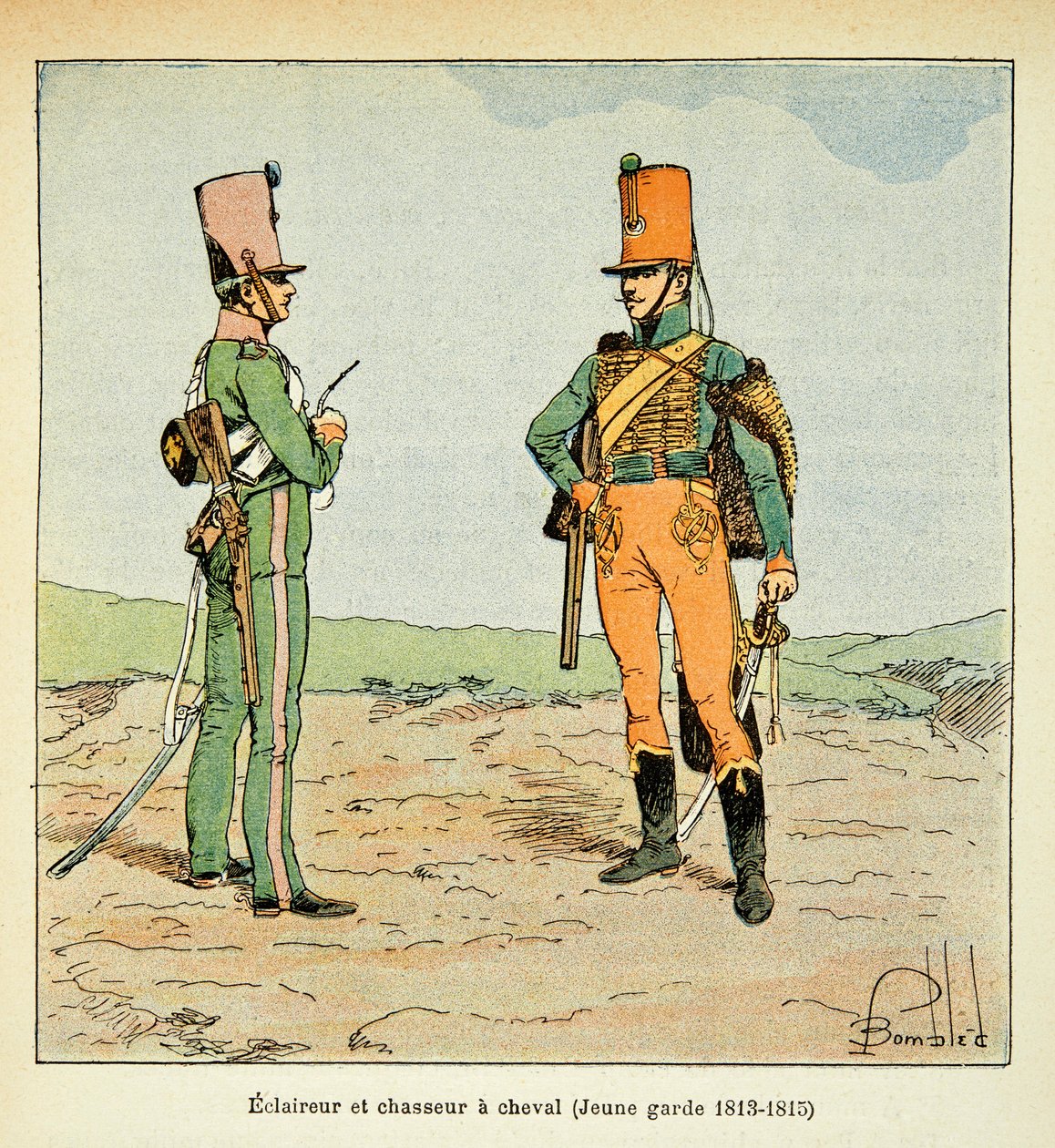 Bombled Louis (1862-1927) illusztrációja Emmanuel de Las Cases gróf (1766-1842) "Szent Heléna emlékezete" című könyvéből: Armee Francaise: A fiatal gárda felderítője és vadászai 1813-1815, magángyűjtemény. alkotó: Louis Charles Bombled