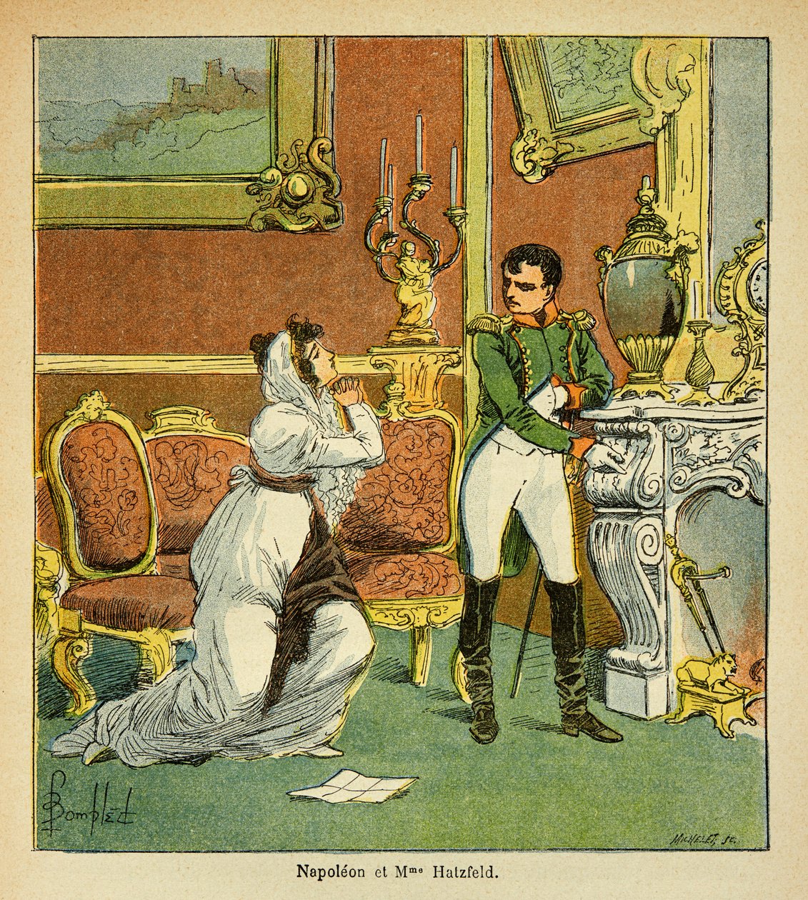 Bombázott Lajos (1862-1927) illusztrációja Emmanuel de Las Cases (1766-1842) gróf „Szent Heléna emlékműve” című könyvéből: Napóleon császár kegyelme Hatzfeld hercegnőjéhez, aki férje kegyelmét kéri , Magángyűjtemény alkotó: Louis Charles Bombled