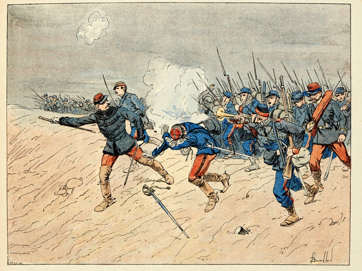 Illusztráció a „Les heros du Siecle” című könyvből, Dick de Lonlay anekdotikus szavai, Louis Bombled (1862-1927) illusztrálta alkotó: Louis Charles Bombled