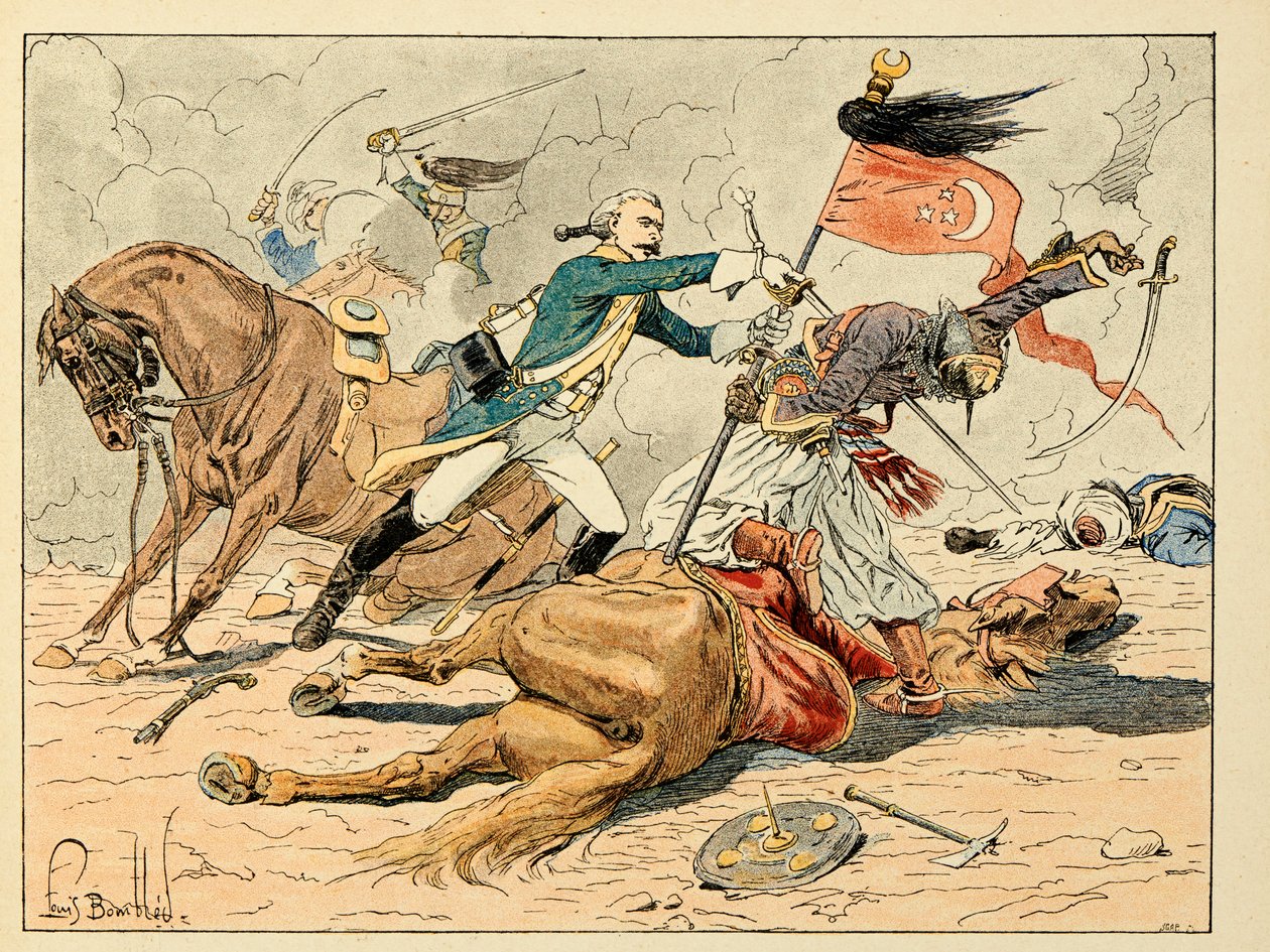 Illusztráció a „Les heros du Siecle” című könyvből, Dick de Lonlay anekdotikus szavai, Louis Bombled (1862-1927) illusztrálta alkotó: Louis Charles Bombled
