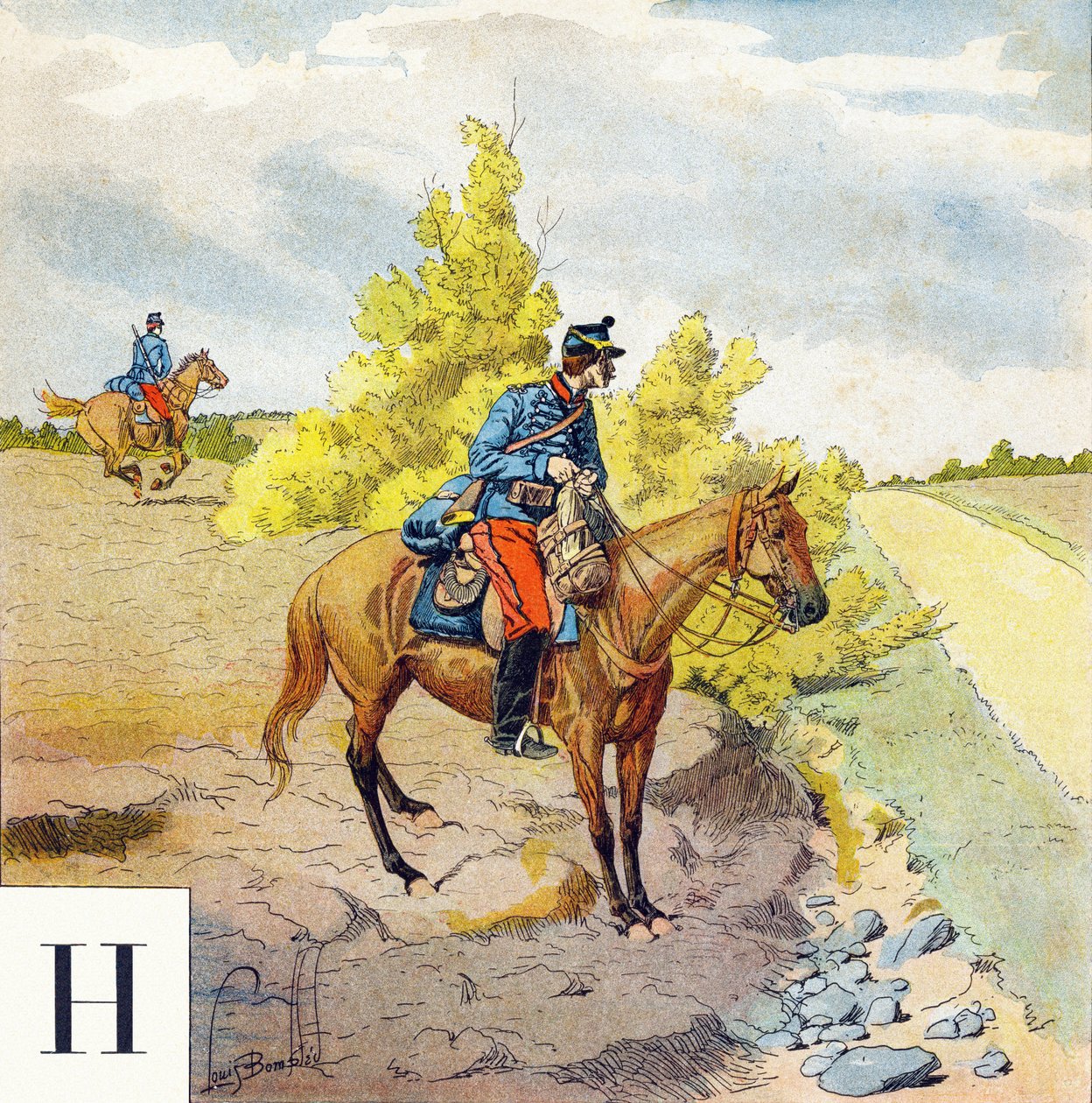 H betű: Huszárok, „Katona leszek” – Katonai ábécé alkotó: Louis Charles Bombled