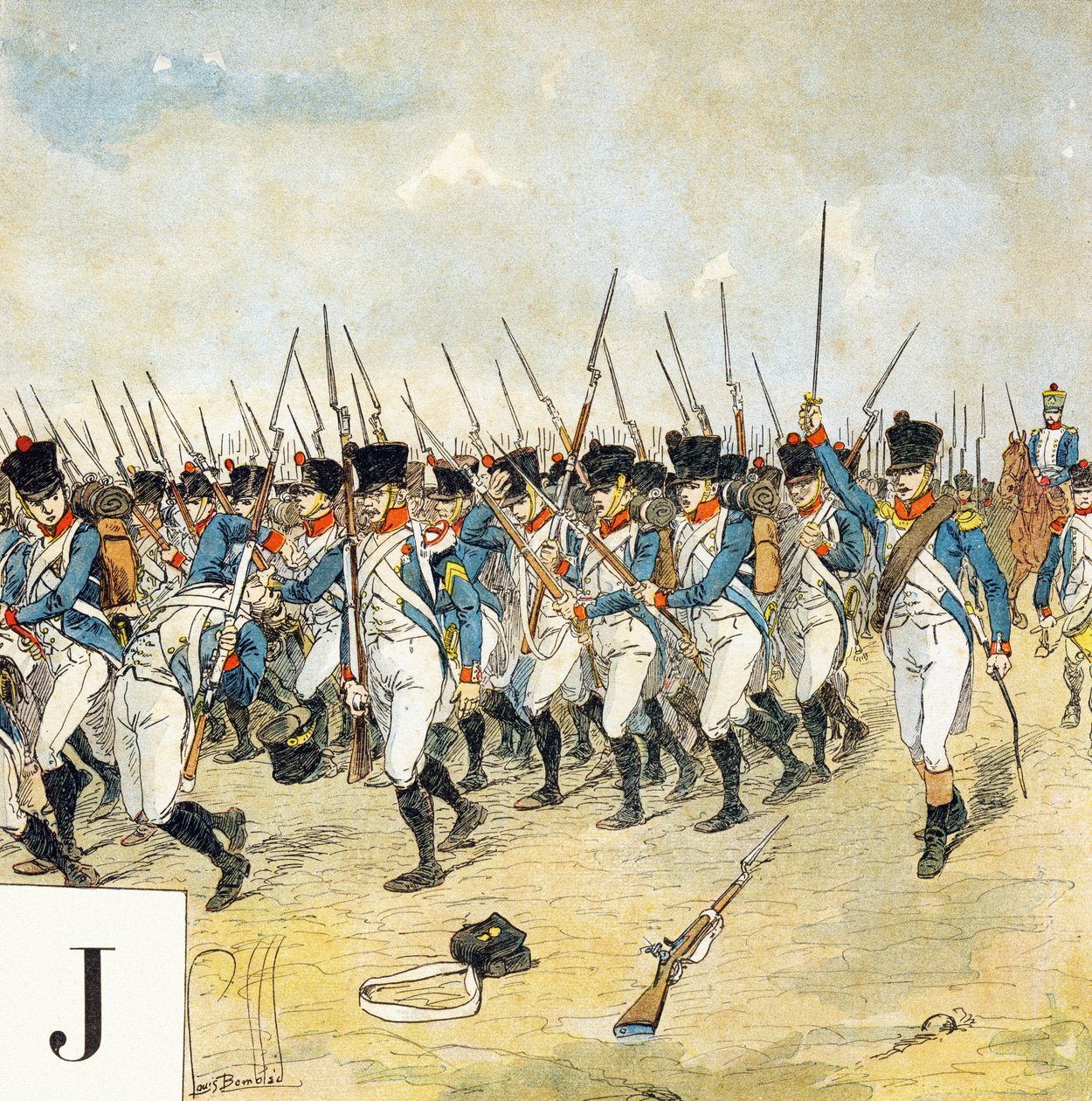 J betű: Fiatal őr, "Je serai soldat" (Katona leszek) - Katonai ábécé alkotó: Louis Charles Bombled