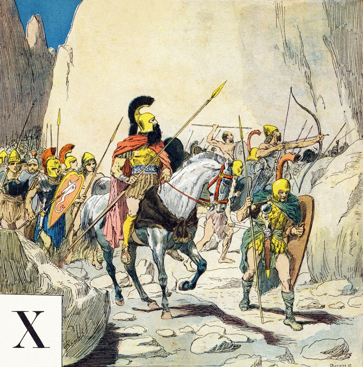 X. levél: Xenophon (i.e. 430-355), görög katonai vezető és serege, "Je serai soldat" (katona leszek) - Katonai ábécé alkotó: Louis Charles Bombled
