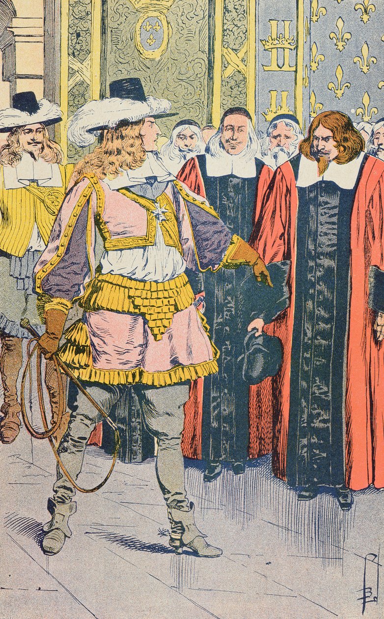 XIV. Lajos látogatása a francia parlamentben, illusztráció Jules Michelet „Histoire de France” című könyvéből, 1900 körül alkotó: Louis Charles Bombled