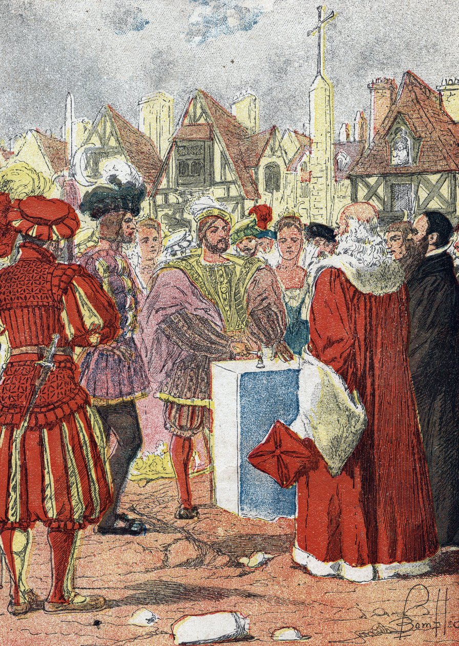 I. Francois francia király pózol a Hotel de Ville de paris első kövéről, amelyet Boccador olasz építész rajzolt alkotó: Louis Charles Bombled