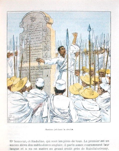 Franciaország elleni lázadást hirdető varázslók Madagaszkár 1895-ös francia megszállása után, illusztráció D.H.Galli "La guerre a Madagascar" című művéből, 19. század vége (színes litográfia). alkotó: Louis Charles Bombled