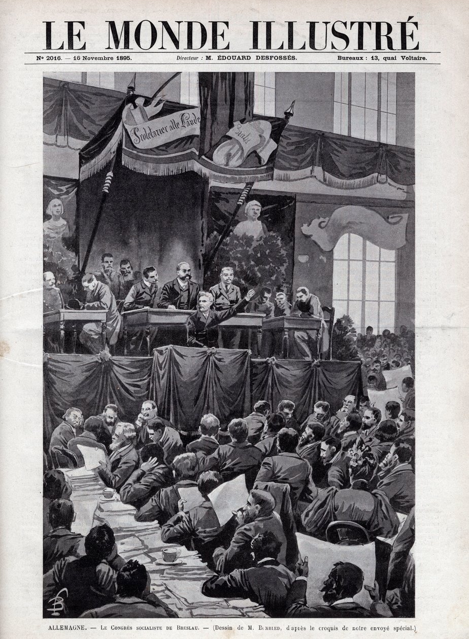August Bebel (1840-1913) beszéde a breslaui szocialista kongresszuson, NÉMETORSZÁGBAN 1895-ben - Metszet az 1895-ös „The illustrous World”-be - Bombled rajza. alkotó: Louis Charles Bombled
