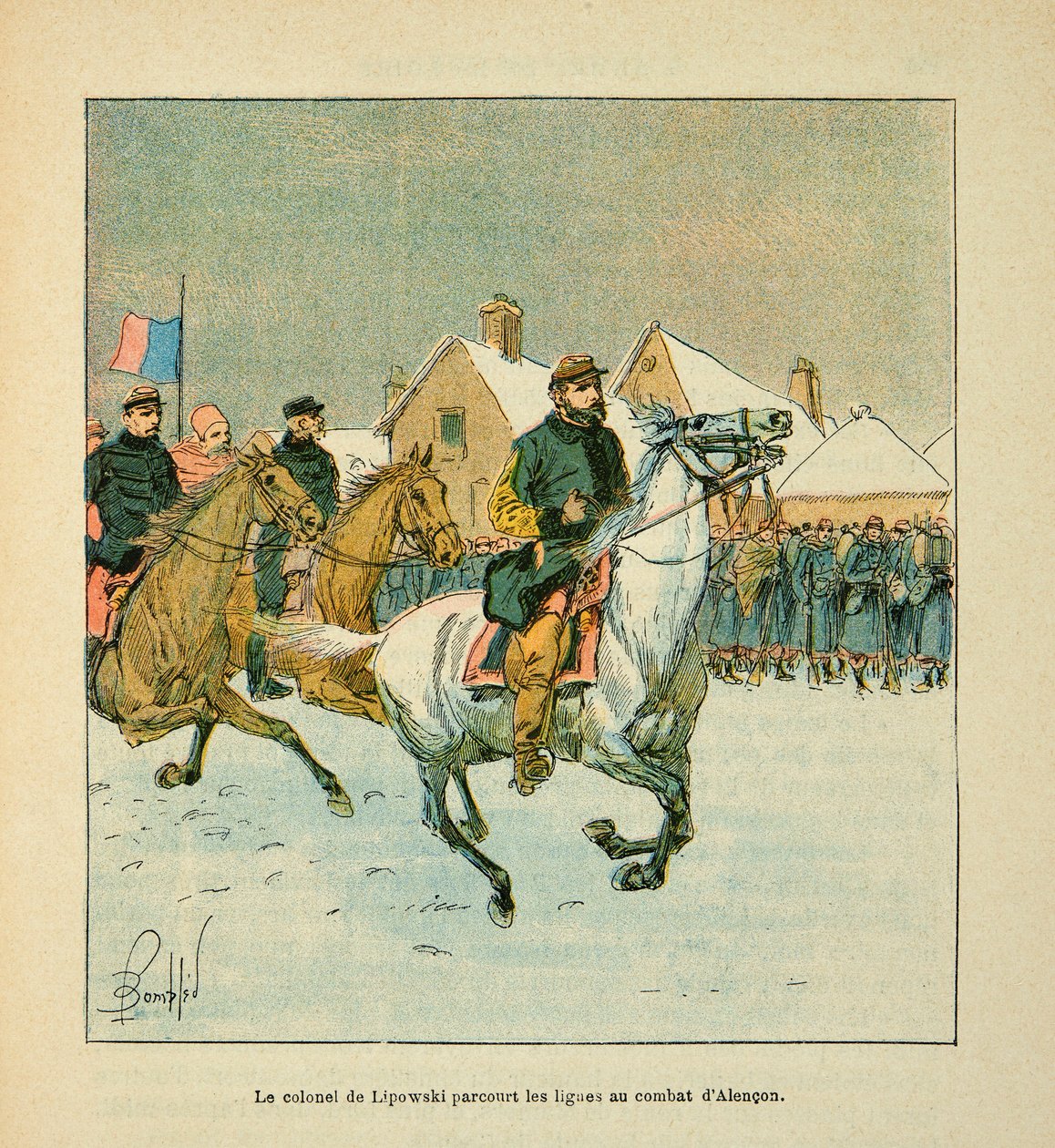A Loire armee, Eugene Sergeant, Grenest, Louis Bombled (1862-1927) illusztrálja (francia-német háború; 1870-1871-es hadjárat): Lipowski ezredes Alencon harcvonalait utaztatja 1871 januárjában, Magángyűjtemény alkotó: Louis Charles Bombled