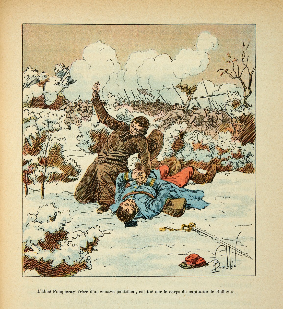 A Loire armee, Eugene Sergeant, Grenest, Louis Bombled (1862-1927) illusztrálásával (francia-német háború; hadjárat 1870-1871): Fouqueray abbét, egy pápai Zouave testvérét a kapitány holttestén megölik Bellevue, Magángyűjtemény alkotó: Louis Charles Bombled