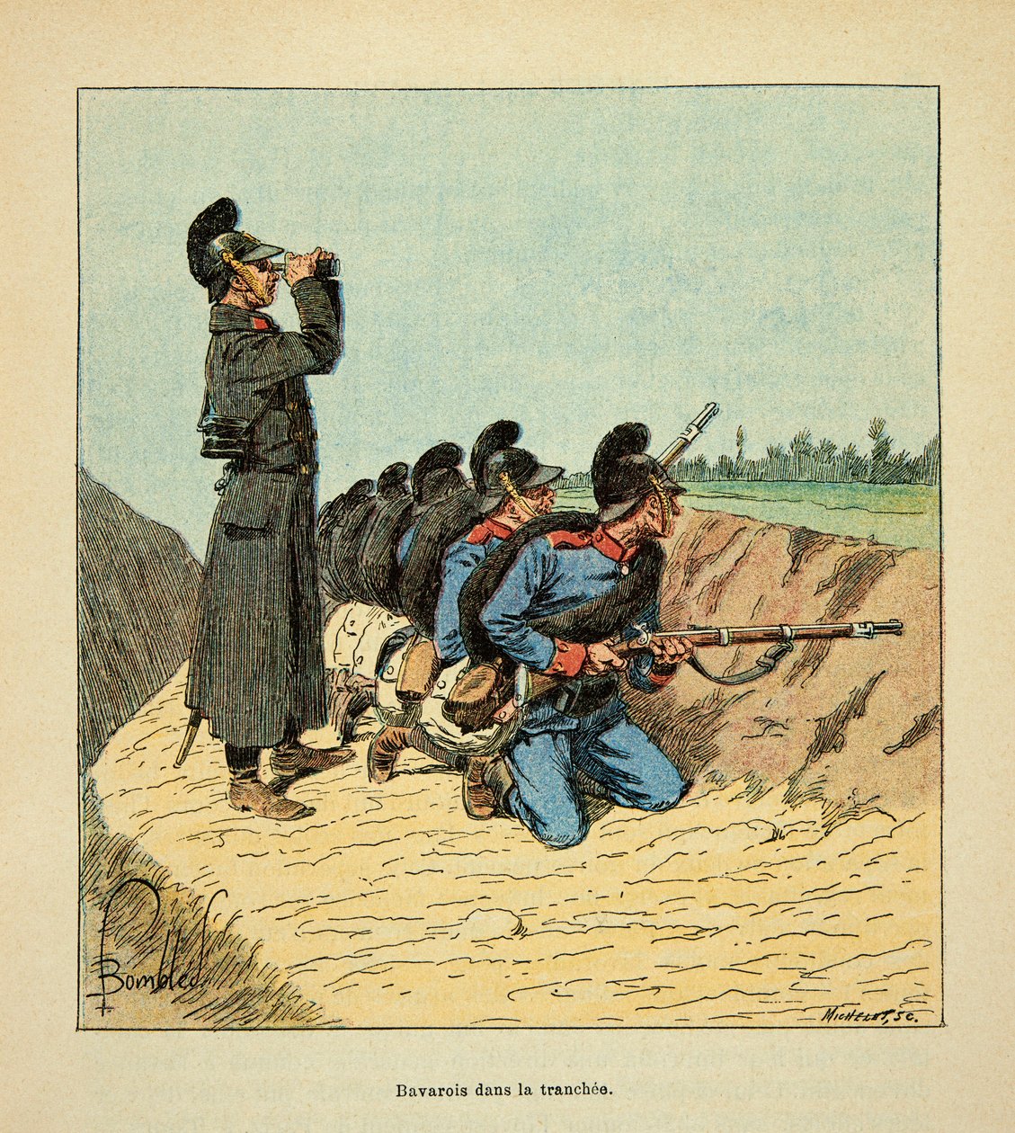 Eugene Sergeant, Grenest néven ismert, Louis Bombled (1862-1927) által illusztrált A Loire menti hadsereg (francia-német háború; 1870-1871-es hadjárat): Bajor katonaság egy lövészárokban 1870-ben, magángyűjtemény. alkotó: Louis Charles Bombled