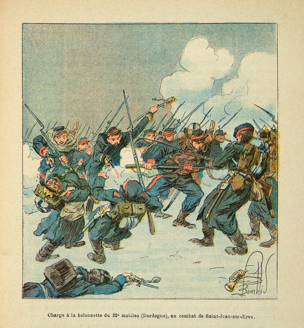 Eugene Sergeant, Grenest néven ismert Loire armee, Louis Bombled (1862-1927) illusztrálásával (francia-német háború; hadjárat 1870-1871): roham a 22. mobil (Dordogne) bajonettjére a csatában Saint Jean sur Evre 1871 januárjában, P alkotó: Louis Charles Bombled