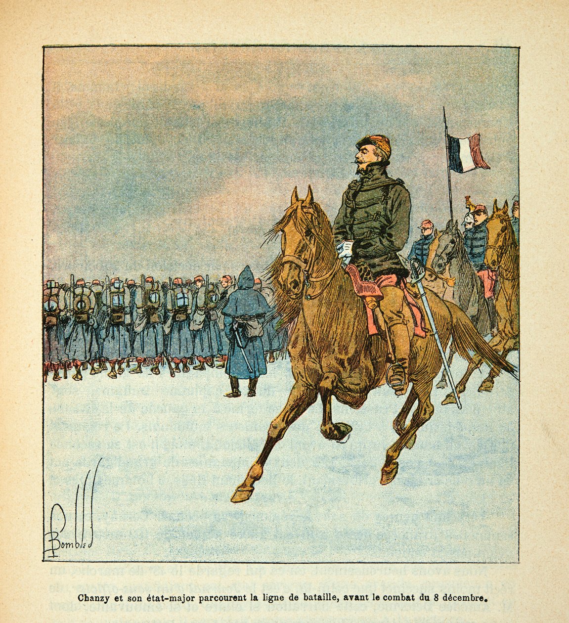 Eugene Sergent, Grenest néven ismert Loire armee, Louis Bombled (1862-1927) illusztrálásával (francia-német háború; hadjárat 1870-1871): Chanzy tábornok és vezérkara a december 8-i harcok előtt utazik a csatavonalon 1870, Magángyűjtemény alkotó: Louis Charles Bombled