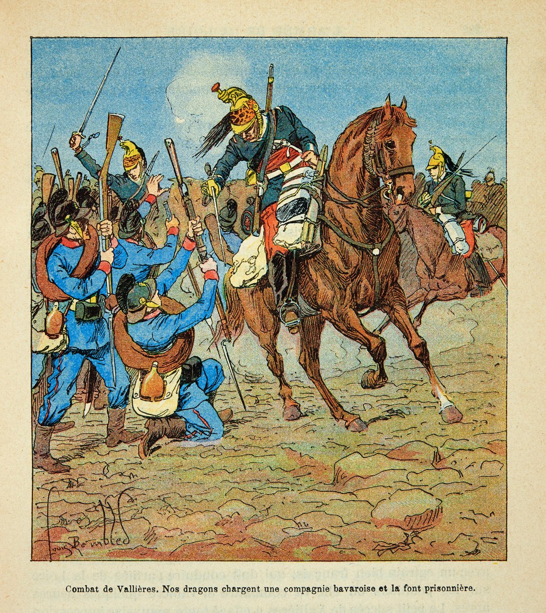 Eugene Sergent, Grenest néven ismert Loire armee, Louis Bombled (1862-1927) illusztrálásával (francia-német háború; hadjárat 1870-1871): Vallieres-i csata 1870 novemberében, francia sárkányok megtámadnak egy bajor társaságot, és ez fogoly, C közlegény alkotó: Louis Charles Bombled