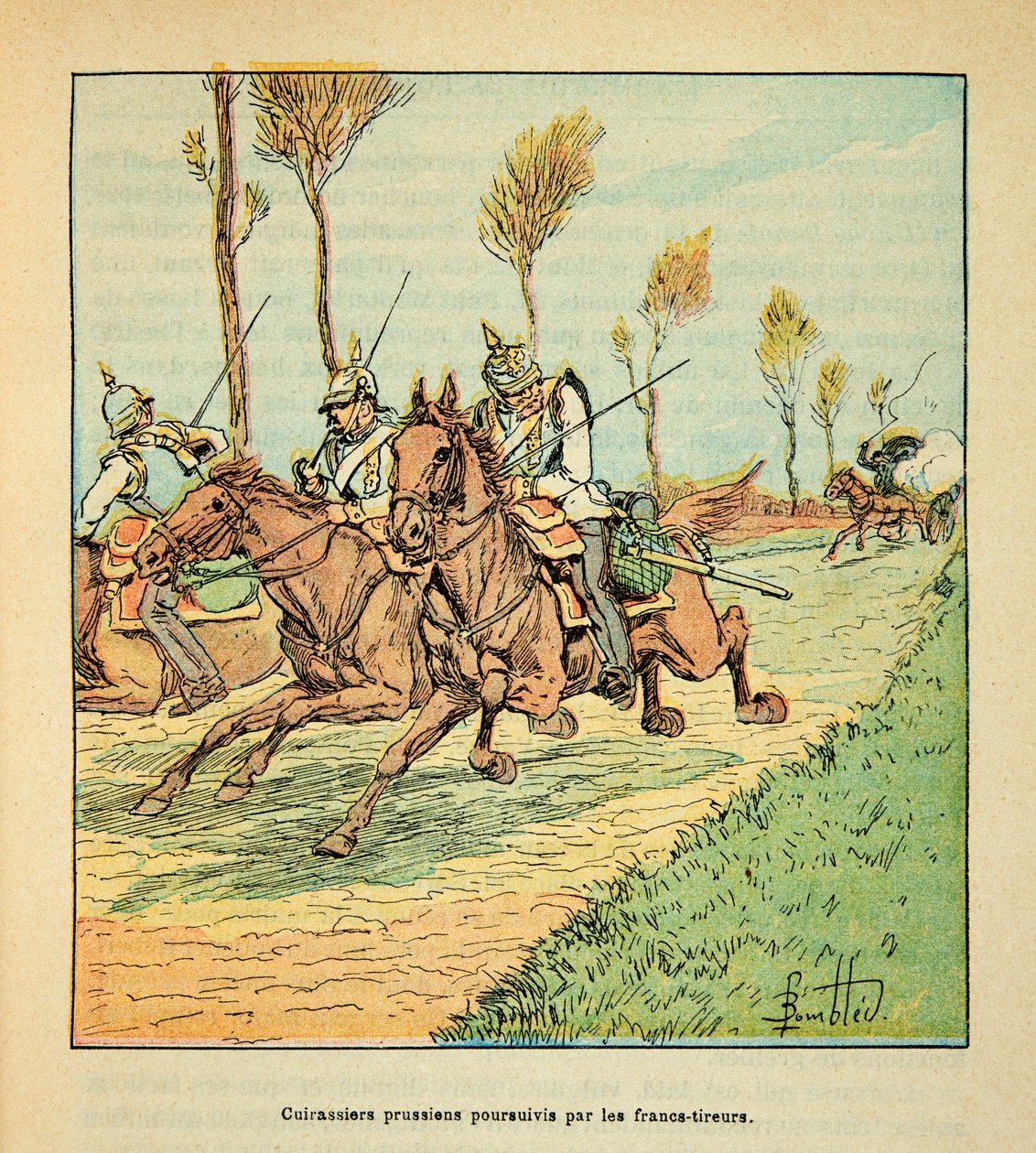 Eugene Sergent, Grenest néven ismert, Louis Bombled (1862-1927) által illusztrált A Loire menti hadsereg (francia-német háború; 1870-1871-es hadjárat): A fricisták által üldözött porosz kuruzslók 1870 októberében, magántulajdon. alkotó: Louis Charles Bombled