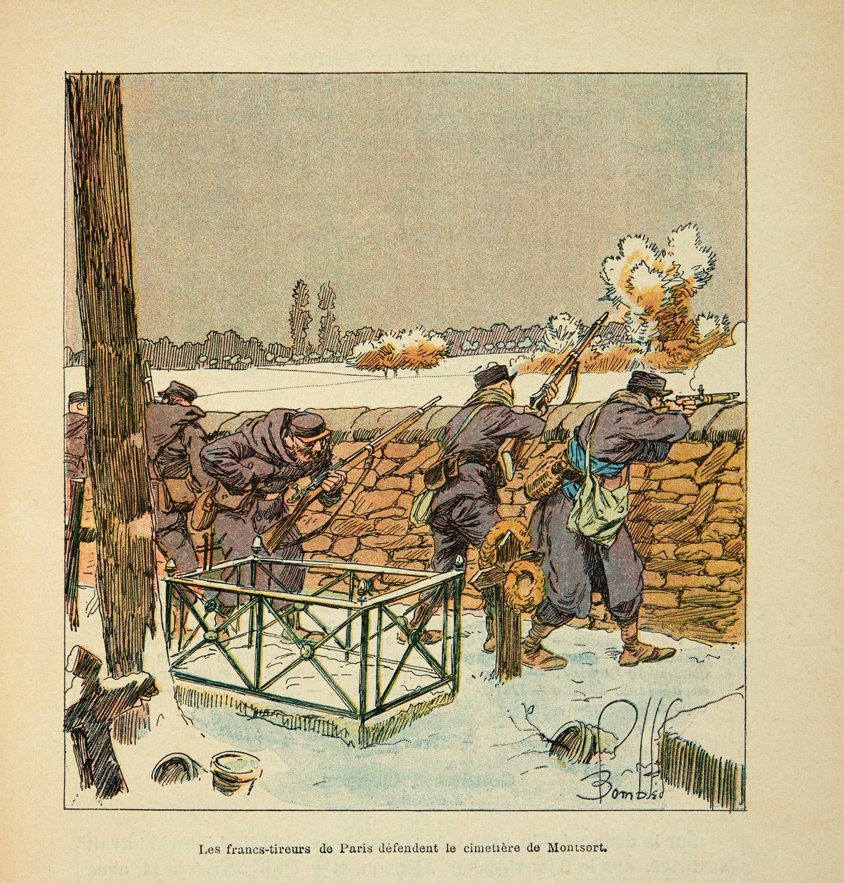 Eugene Sergent, Grenest néven ismert Loire armee, Louis Bombled (1862-1927) illusztrálásával (francia-német háború; hadjárat 1870-1871): A párizsi francia lövészek megvédik a Montsort (Alencon) temetőt januárban 1871, Magángyűjtemény alkotó: Louis Charles Bombled