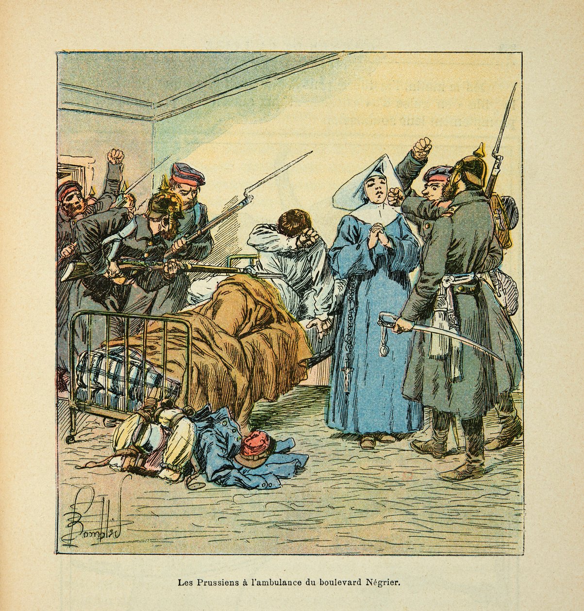 Eugene Sergent, Grenest néven ismert Loire armee, Louis Bombled (1862-1927) illusztrálásával (francia-német háború; hadjárat 1870-1871): Poroszok a Boulevard Negrier au Mans mentőautónál 1871 januárjában, Magángyűjtemény alkotó: Louis Charles Bombled