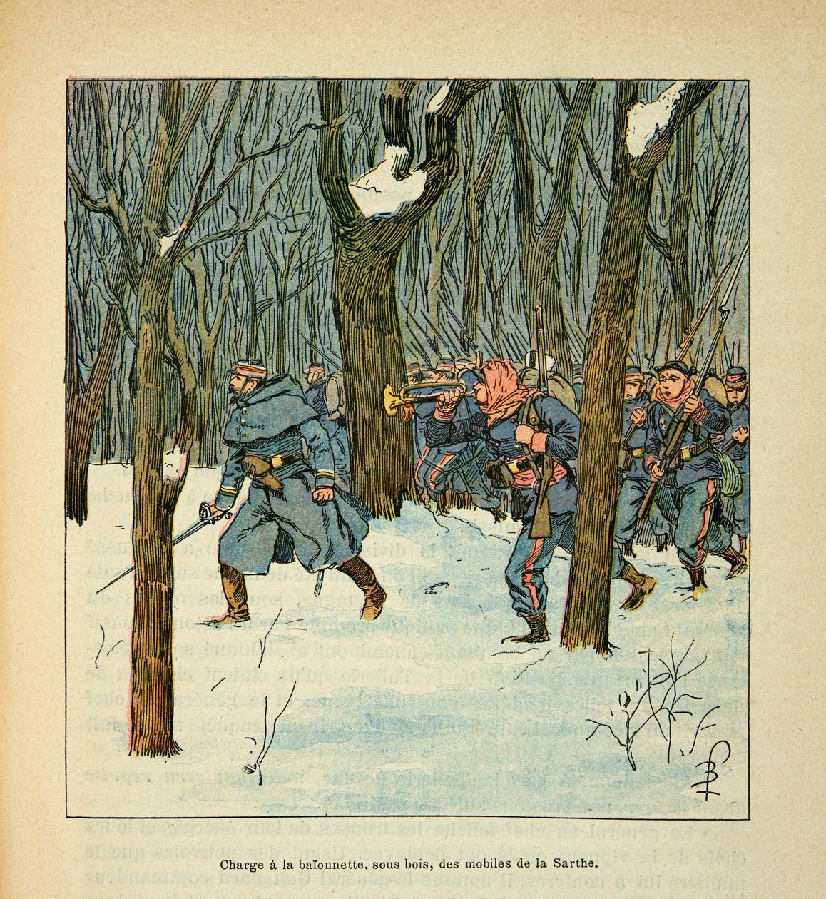 Eugene Sergent, Grenest néven ismert Loire armee, Louis Bombled (1862-1927) illusztrálásával (francia-német háború; 1870-1871 kampány): Le Mans-i csata 1871 januárjában, a Sarthe mobiltelefonjainak betöltése , Magángyűjtemény alkotó: Louis Charles Bombled