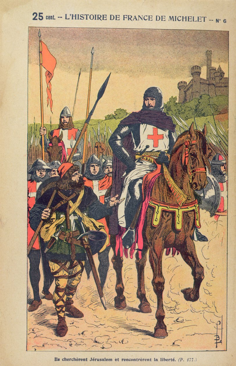 A keresztes hadjáratok indulása, illusztráció Jules Michelet (1798-1874) „Histoire de France” című művéből, 1900 körül alkotó: Louis Charles Bombled