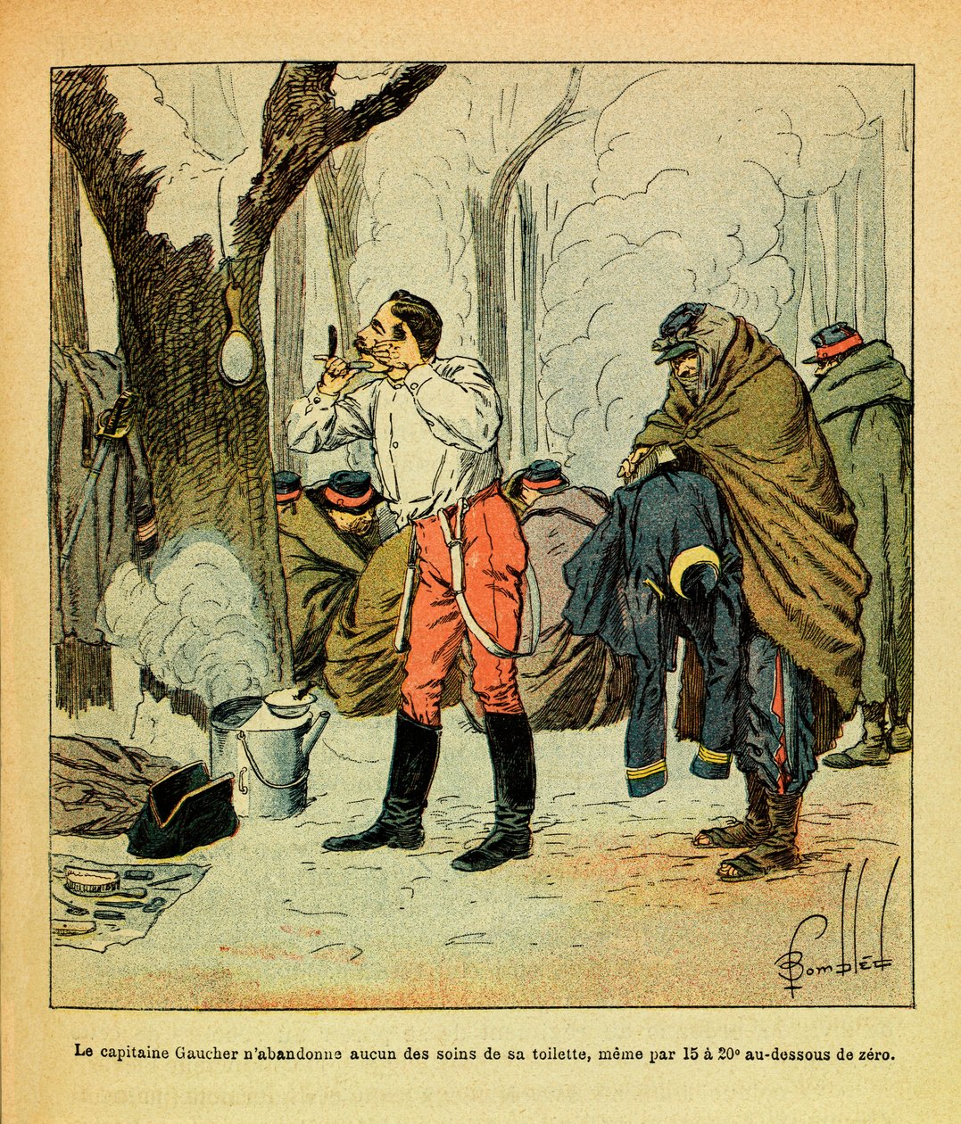 Eugene Sergeant keleti hadereje, Grenest mellett, Louis Bombled (1862-1927) illusztrálásával (francia-német háború; 1870-1871-es hadjárat): Gaucher kapitány még az idő közepén sem mond le WC-jének gondozásáról. tél, Magángyűjtemény alkotó: Louis Charles Bombled