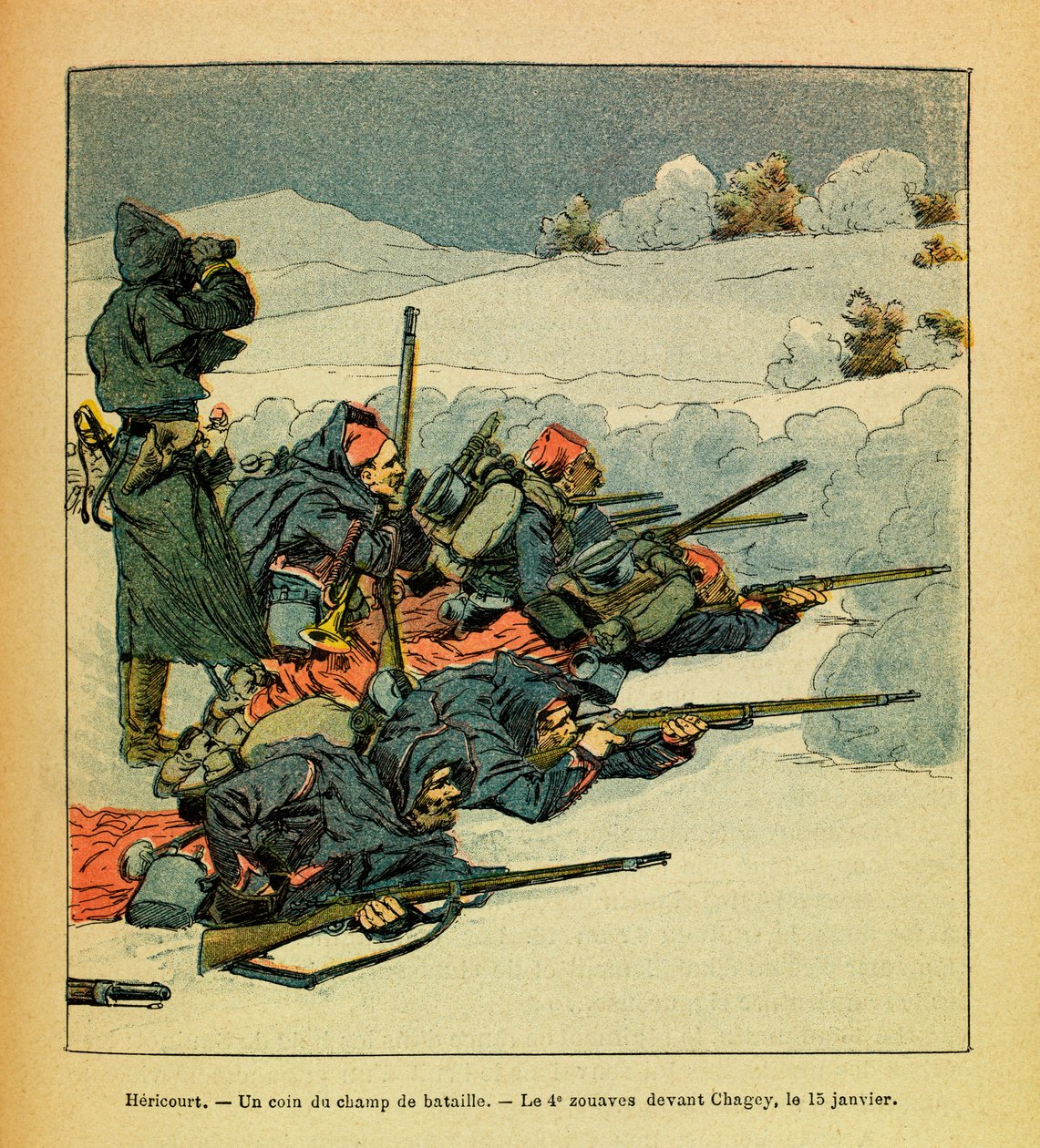 Eugene Sergeant keleti hadereje, Grenest mellett, Louis Bombled (1862-1927) illusztrálásával (francia-német háború; 1870-1871-es hadjárat): Hericourt, a csatatér sarka; a 4. Zouave Chagey előtt január 15-én alkotó: Louis Charles Bombled