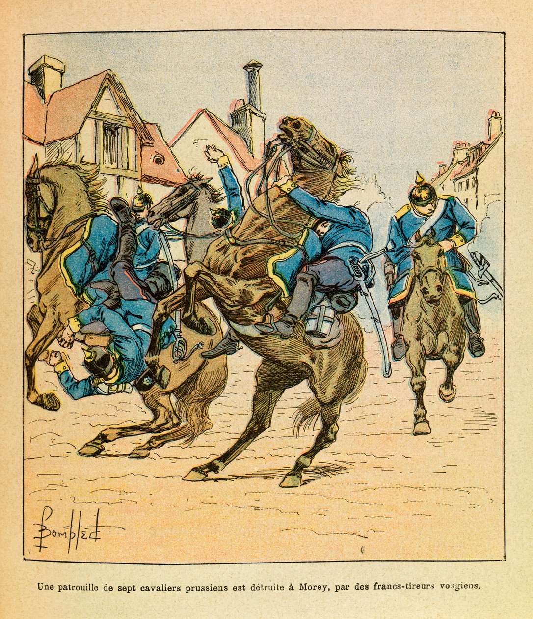Eugene Sergeant keleti hadereje, Grenest mellett, Louis Bombled (1862-1927) illusztrálásával (francia-német háború; 1870-1871-es hadjárat): 1870 decemberében egy hét porosz lovasból álló járőrt Moreyben a vogiai orvlövészek megsemmisítettek. Különleges gyű alkotó: Louis Charles Bombled