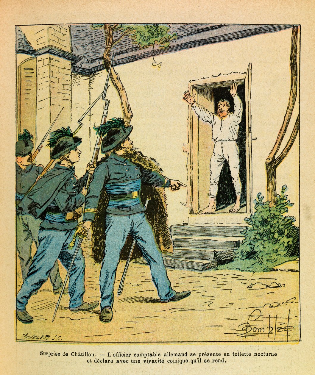 Eugene Sergeant keleti hadereje, Grenest, Louis Bombled (1862-1927) illusztrálta (francia-német háború; 1870-1871-es hadjárat): 1870 novemberében Chatillon sur Seine-ben Michard kapitány elfogta a német könyvelőt a szállodában de la Cote d alkotó: Louis Charles Bombled