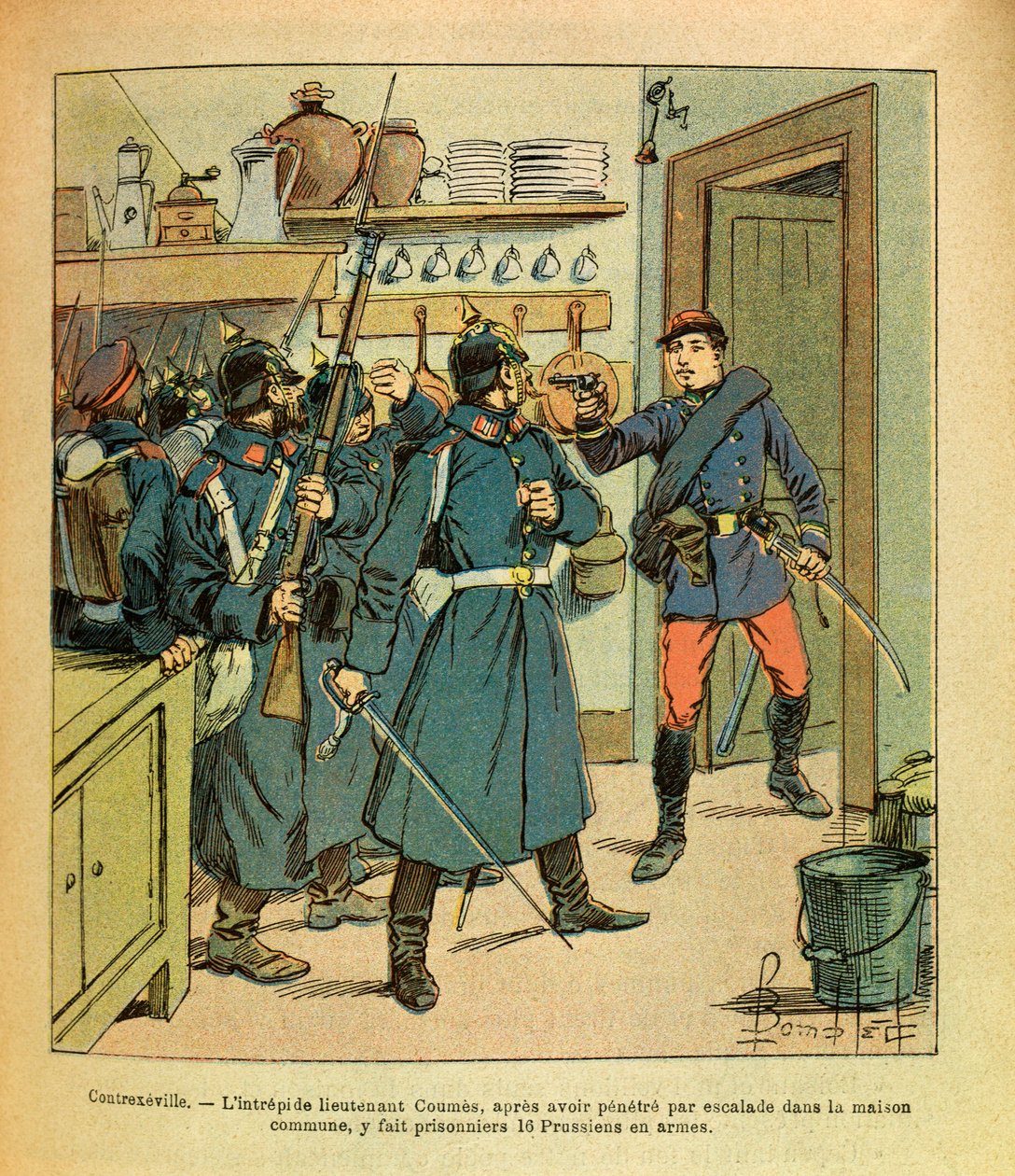 Eugene Sergeant keleti hadserege, Grenest mellett, Louis Bombled (1862-1927) illusztrálásával (francia-német háború; hadjárat 1870-1871): Contrexeville-ben a rettenthetetlen Coumes hadnagy, miután bemászott a közös házba, 16 porosz foglyot ejtett. a alkotó: Louis Charles Bombled