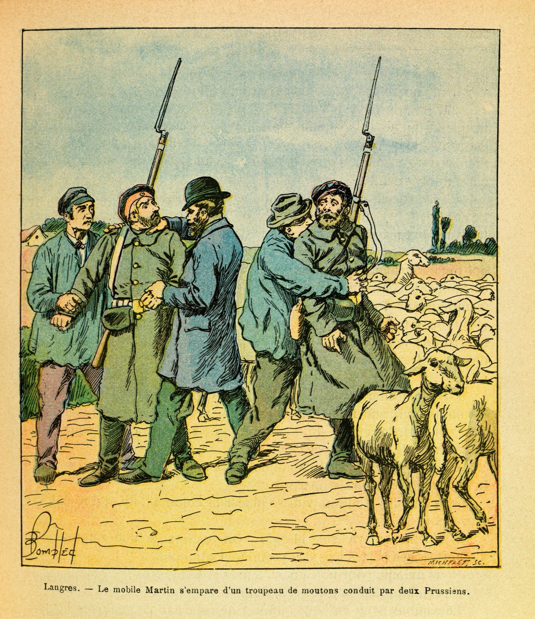 Eugene Sergeant keleti serege, Grenest, Louis Bombled (1862-1927) illusztrálta (francia-német háború; hadjárat 1870-1871): A parasztnak álcázott Martin mobil elfoglalt egy birkacsordát, amelyet két porosz vezetett. Langres-be 1870 novemberében, Priv alkotó: Louis Charles Bombled
