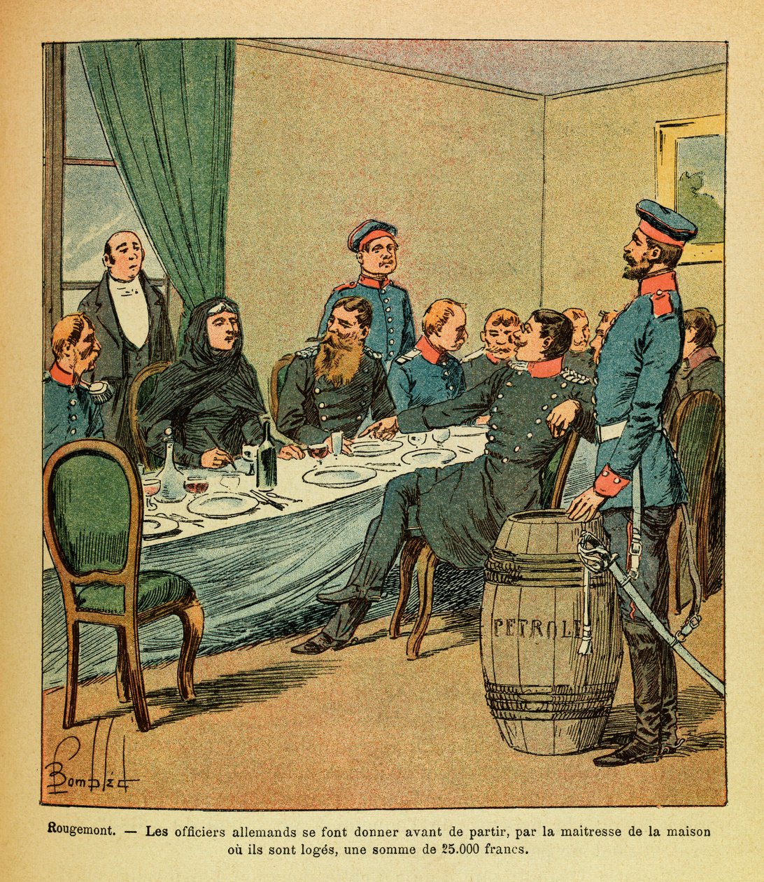 Eugene Sergeant keleti hadereje, Grenest mellett, Louis Bombled (1862-1927) illusztrálásával (francia-német háború; hadjárat 1870-1871): Rougemontban a német tiszteket távozás előtt annak a háznak a úrnője adta át, ahol ezek páholyok, egy összeg alkotó: Louis Charles Bombled