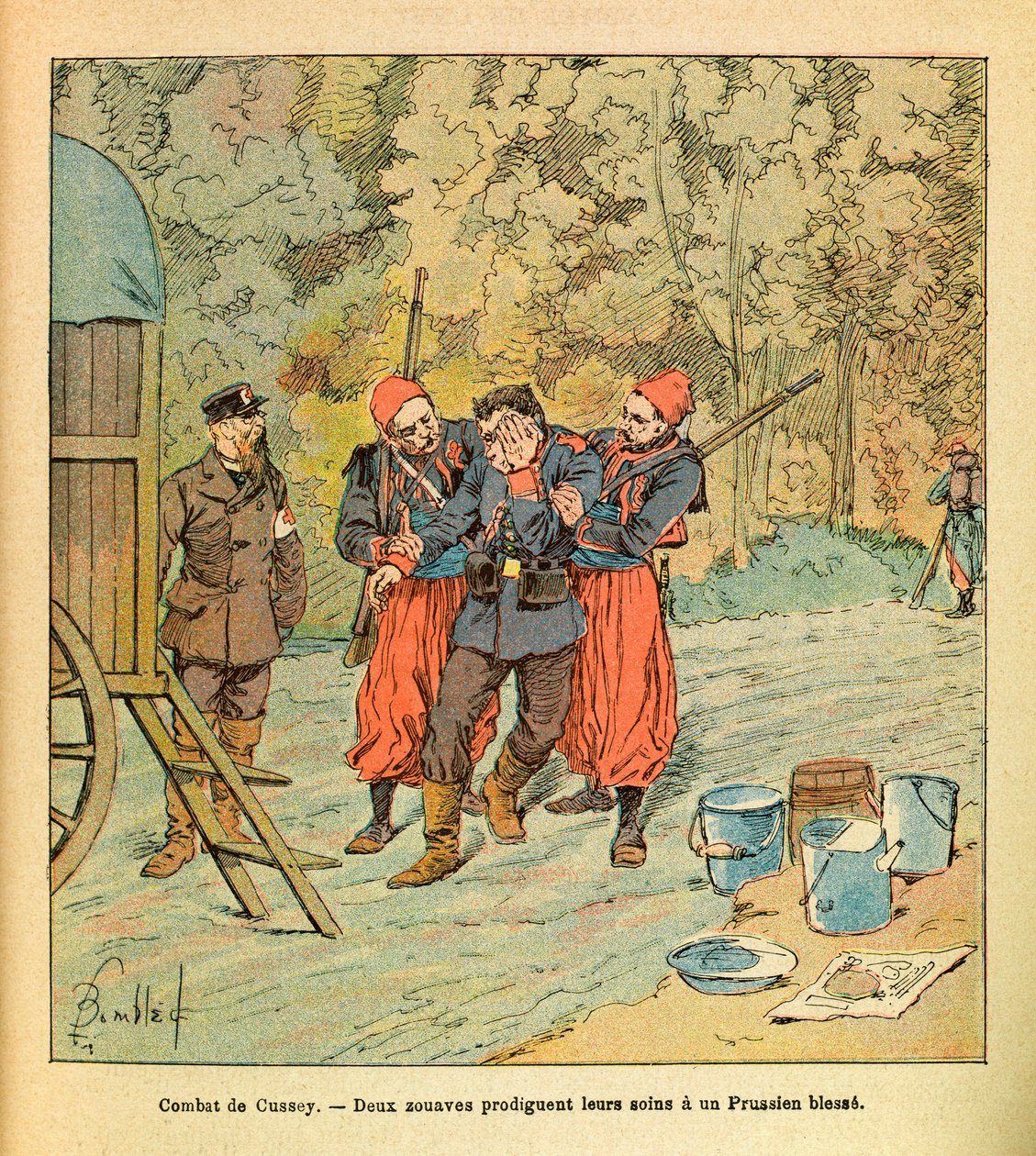 Eugene Sergeant keleti hadereje, Grenest mellett, Louis Bombled (1862-1927) illusztrálásával (francia-német háború; 1870-1871-es hadjárat): Cussey-i csata, 1870. október, két Zouave egy sebesült porosz ellátását látja el, a gyűjtemény részleges alkotó: Louis Charles Bombled