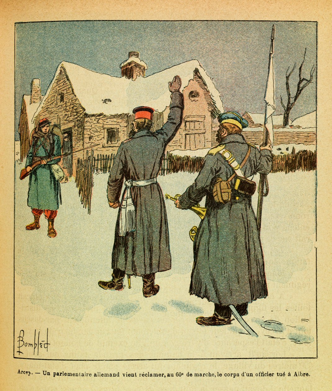 Eugene Sergeant keleti hadereje, Grenest mellett, Louis Bombled (1862-1927) illusztrálásával (francia-német háború; kampány 1870-1871): 1871. január – Arcey, egy német parlamenti képviselő a 60. menetben visszaszerzi a holttestet egy tiszt öl Aibre-ben alkotó: Louis Charles Bombled