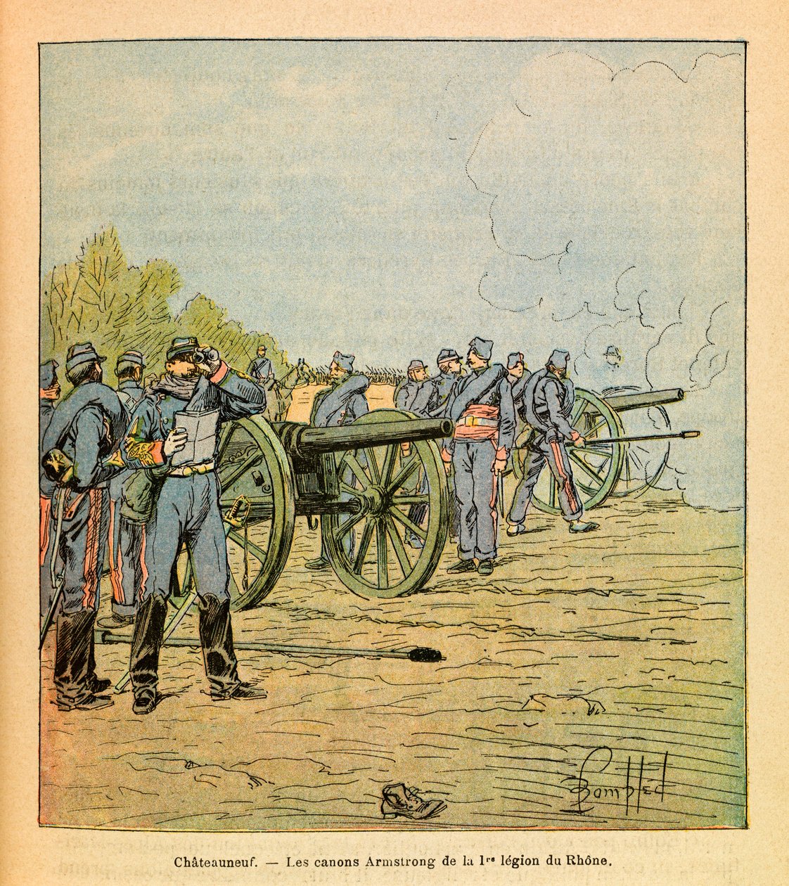 Eugene Sergeant keleti hadereje, Grenest mellett, Louis Bombled (1862-1927) illusztrálásával (francia-német háború; hadjárat 1870-1871): Chateauneuf előtt, a Rhone-i első légió Armstrong kanonokai 1870 decemberében , Magángyűjtemény alkotó: Louis Charles Bombled