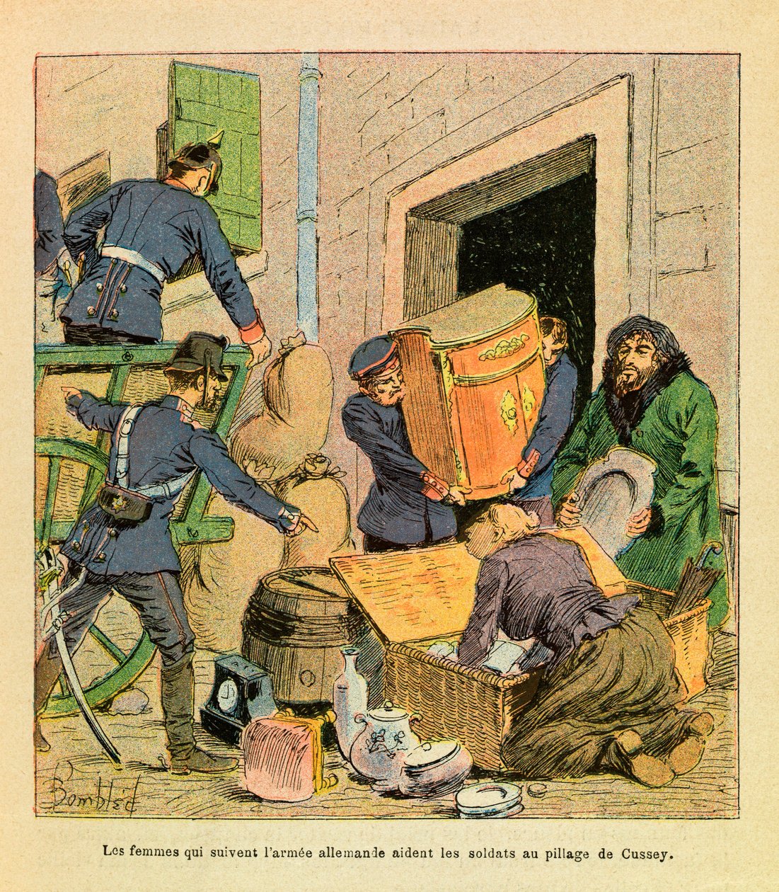 Eugene Sergeant keleti hadereje, Grenest mellett, Louis Bombled (1862-1927) illusztrálásával (francia-német háború; 1870-1871-es hadjárat): A német hadsereget követő nők segítettek a katonáknak kifosztani Cussey városát. 187 októberében készült alkotó: Louis Charles Bombled